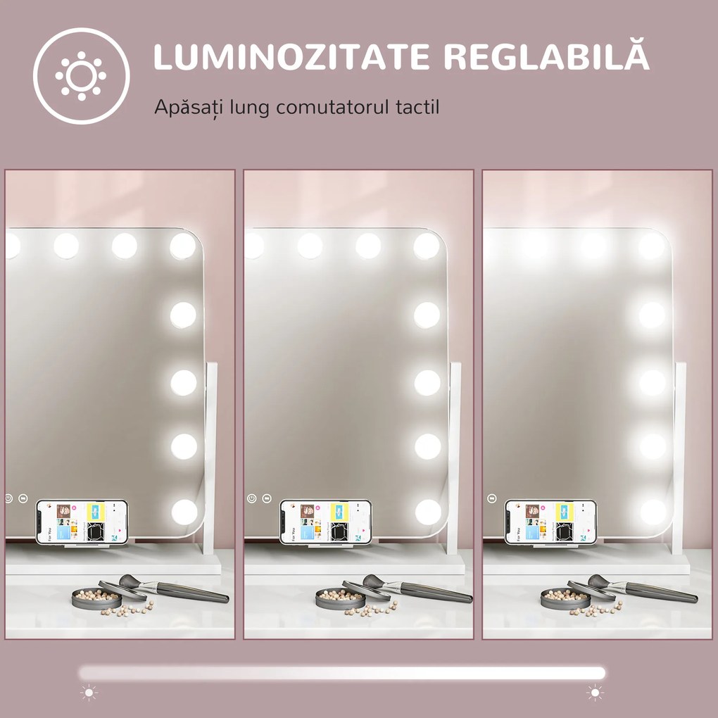 HOMCOM Oglindă Machiaj cu 15 LED-uri din Sticlă și Metal Alb | Aosom Romania
