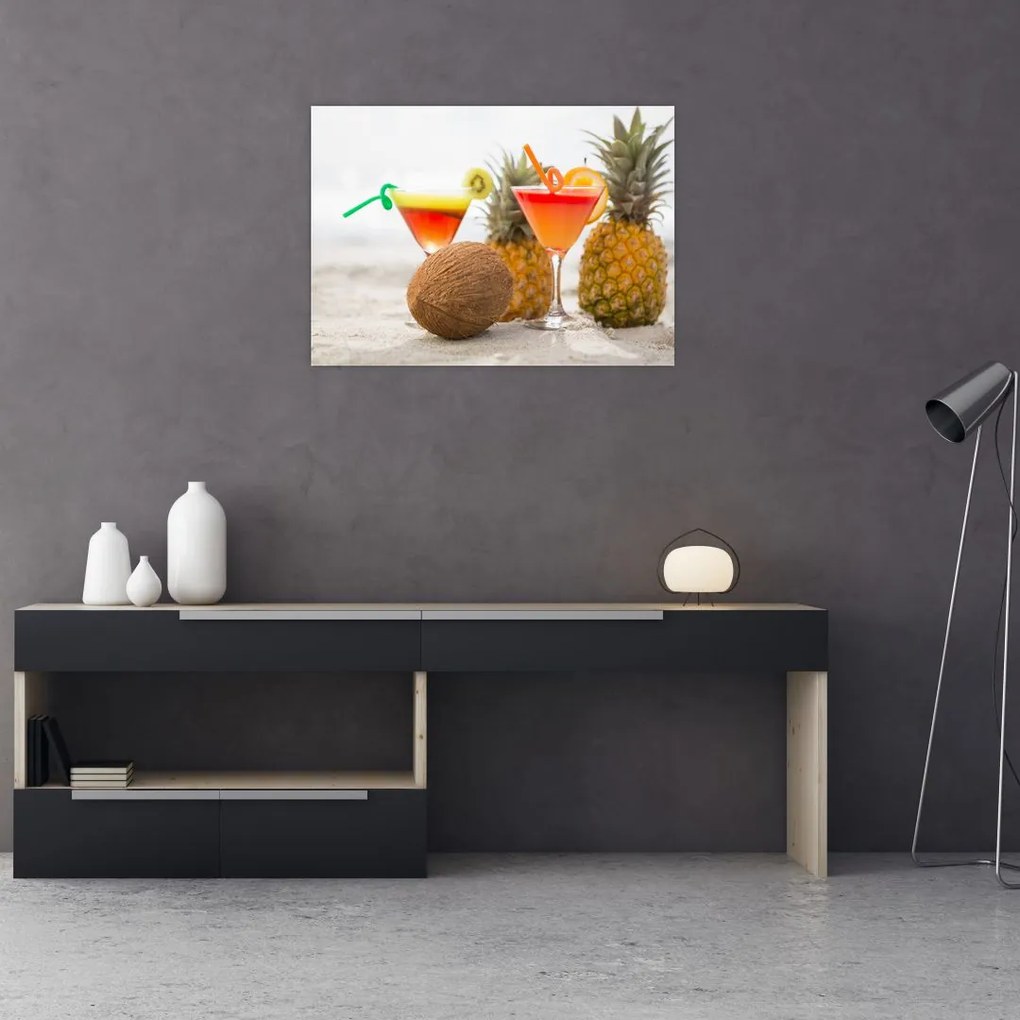 Tablou cu ananas și pahare pe plajă (70x50 cm)