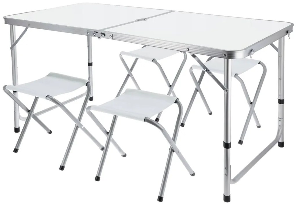 Set mobilier de camping pliabil, Jumi, alb, masă cu picioare reglabile și 4 tabureți
