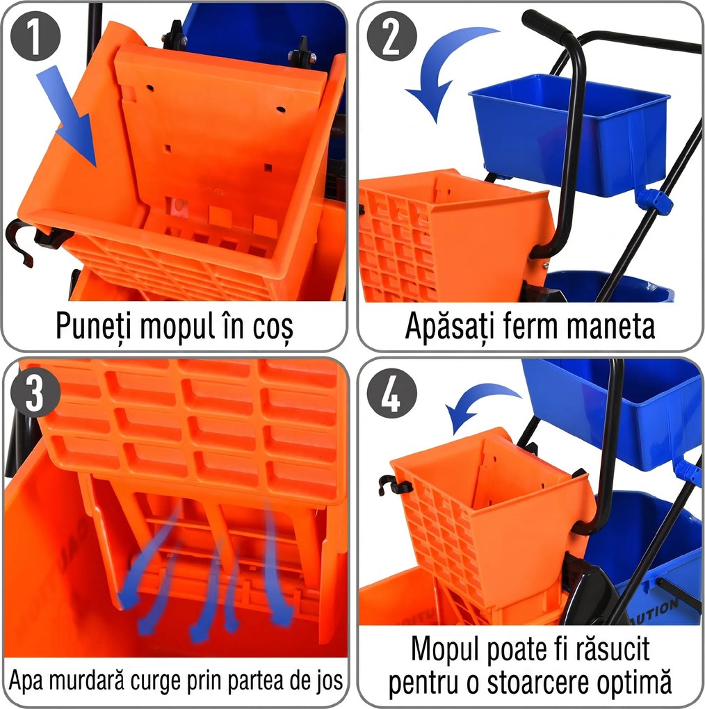 HOMCOM Cărucior Profesional de Curățenie cu 2 Găleți de 26L, Cărucior cu Presă, Mâner și 4 Roți Universale, pentru Hotel, Casă, Birou, 78x45x95 cm, Portocaliu și Albastru | Aosom Romania