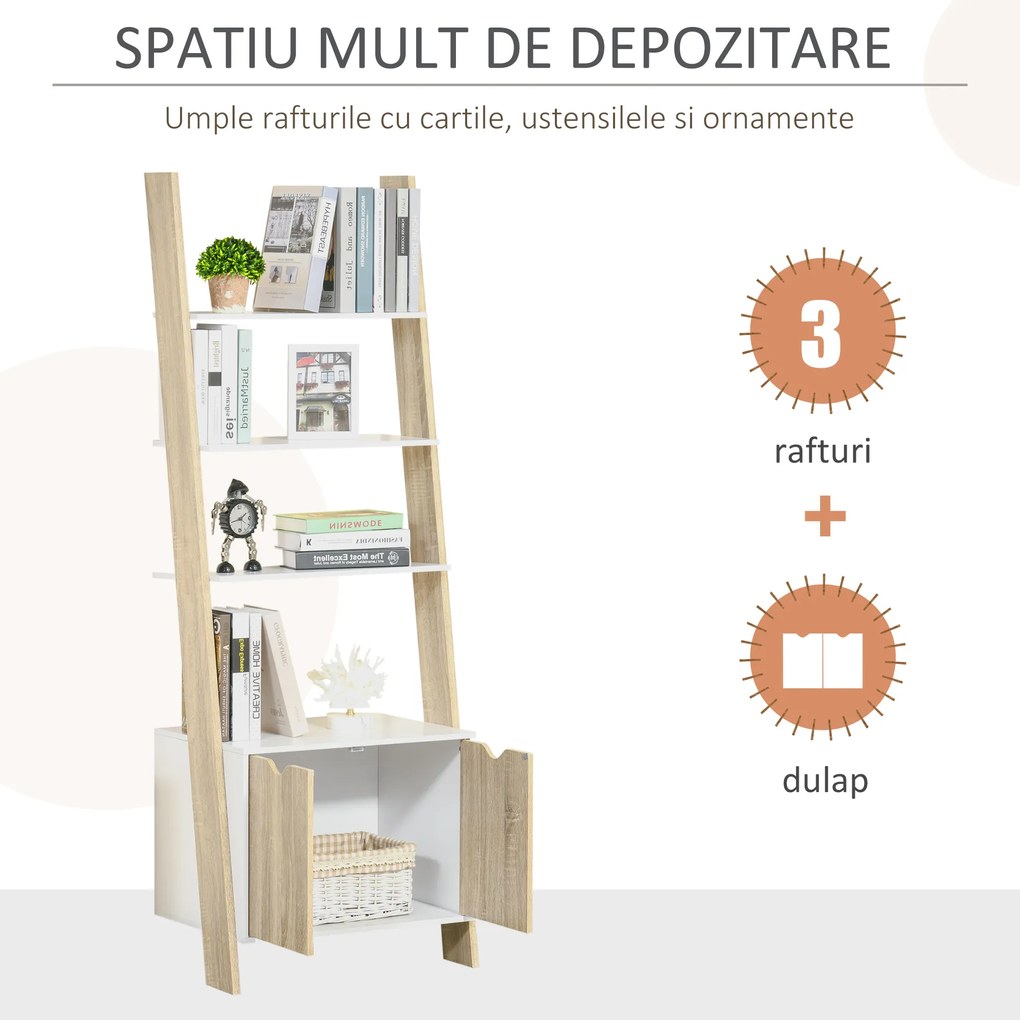 Biblioteca tip scara cu 3 Rafturi si Dulap, Raft Modern Stil Nordic din Lemn, 60x40x171cm, Stejar si Alb HOMCOM | Aosom Romania