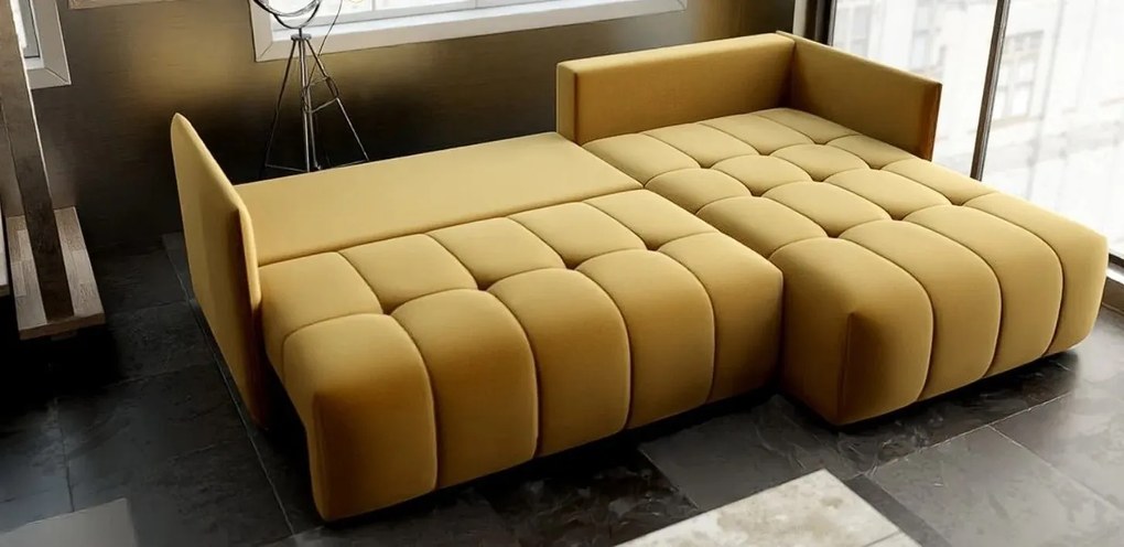 Colțar extensibil dumonde cu ladă de depozitare si sezut confortabil din spuma high-density, Malta Royal Muștar II 235x185 cm