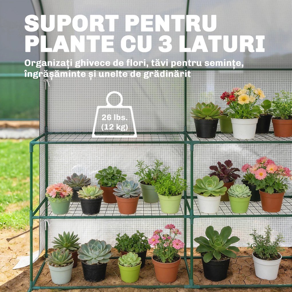 Outsunny Seră de Grădină cu Rafturi și Ușă Rulabilă, Seră pentru Grădină cu Cadru din Oțel, Acoperiș din PE Anti-UV, pentru Legume, Flori și Plante, 123x187x189 cm, Alb | Aosom Romania