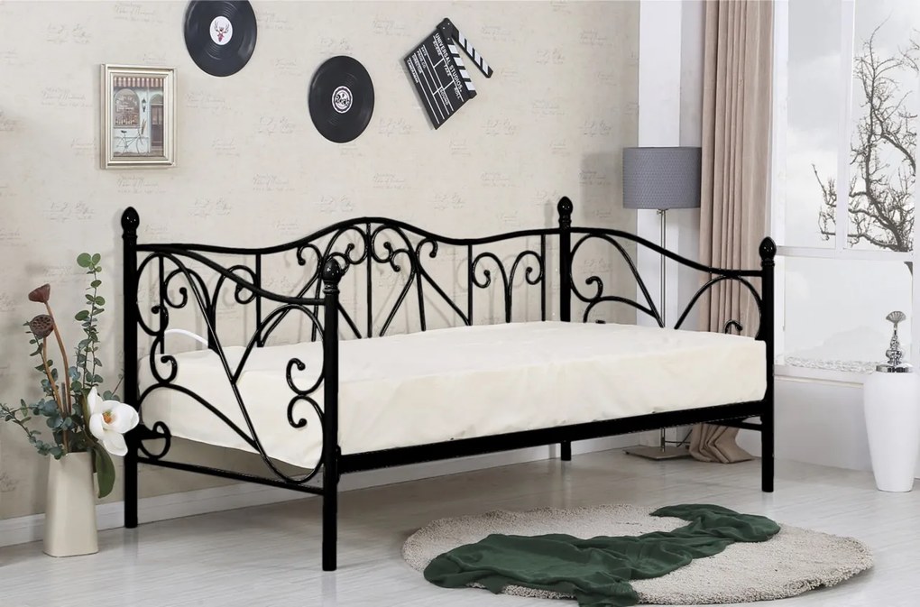 Pat / divan metal Sumatra negru - 90x200 cm