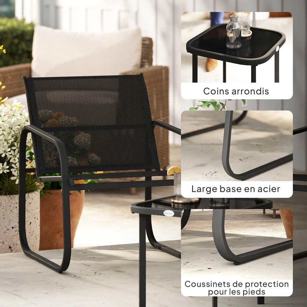 Outsunny Set bistro de grădină 3 piese cu 2 scaune din plasă și masă de cafea din sticlă securizată, negru | Aosom Romania