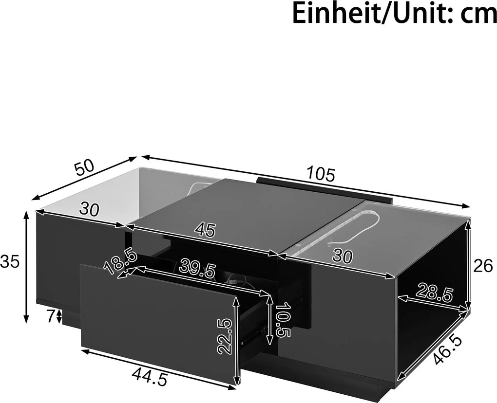 Masă de cafea cu spațiu de depozitare, iluminare ambientală LED, blat din sticlă și 2 sertare, 105x50x35 cm, Negru