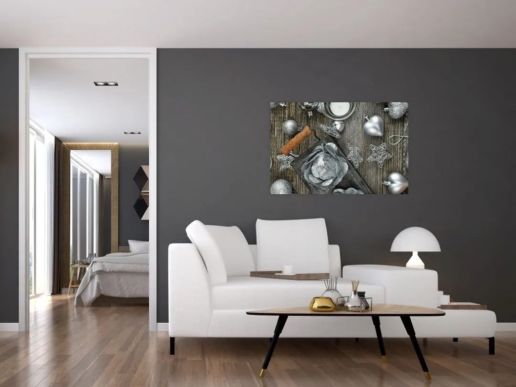 Tablou - decorațiuni argintii de Crăciun (90x60 cm)