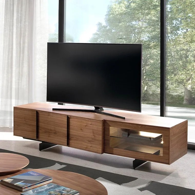 Comoda TV moderna cu design original si iluminat LED Wood