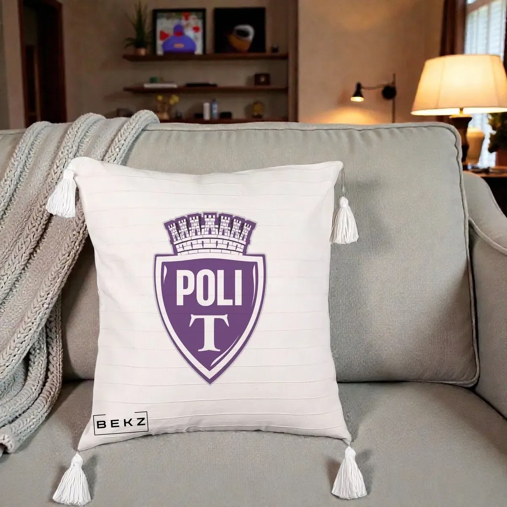 Perna Personalizata Poli Timisoara Fotbal, 40x40 cm, Bej cu Franjuri, Husa Detasabila, Perna Inclusa, BEKZ®