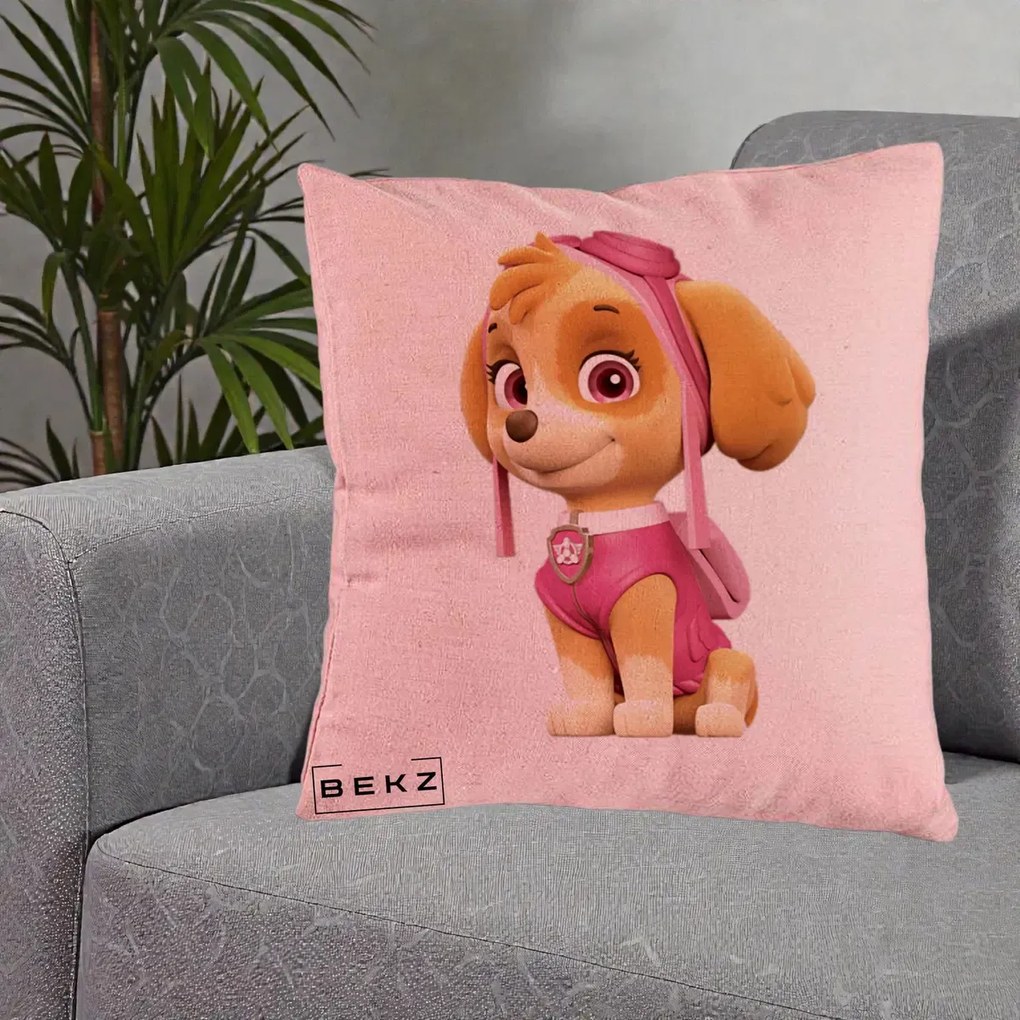 Perna Personalizata Skye PAW Patrol Roz, 40x40 cm, Roz, Husa Detasabila, Perna Inclusa, BEKZ®