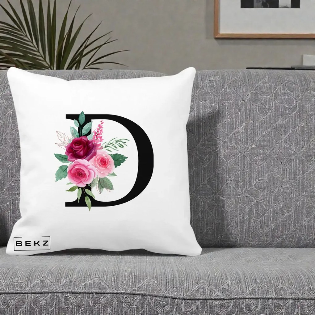 Cadou Personalizat - Perna Personalizata Monograma Florala Litera D, 40x40 cm, Alba Mata, Husa Detasabila, Perna Inclusa, BEKZ®