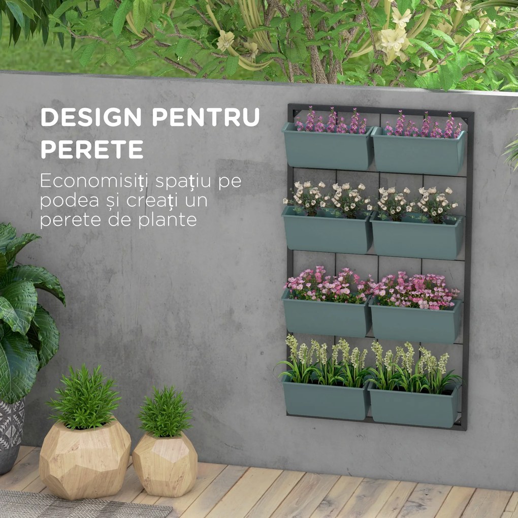 Outsunny Suport pentru Plante, 8 Ghivece Stivuibile, Rezistente la Intemperii, 52.5 x 14 x 90 cm, Gri + Negru | Aosom Romania