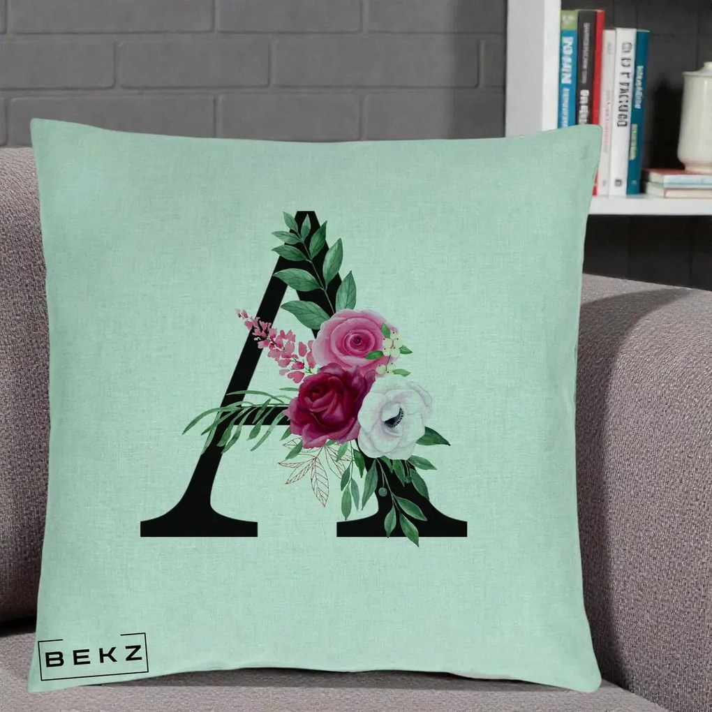 Cadou Personalizat - Perna Personalizata Monograma Florala Litera A, 40x40 cm, Verde Menta, Husa Detasabila, Perna Inclusa, BEKZ®