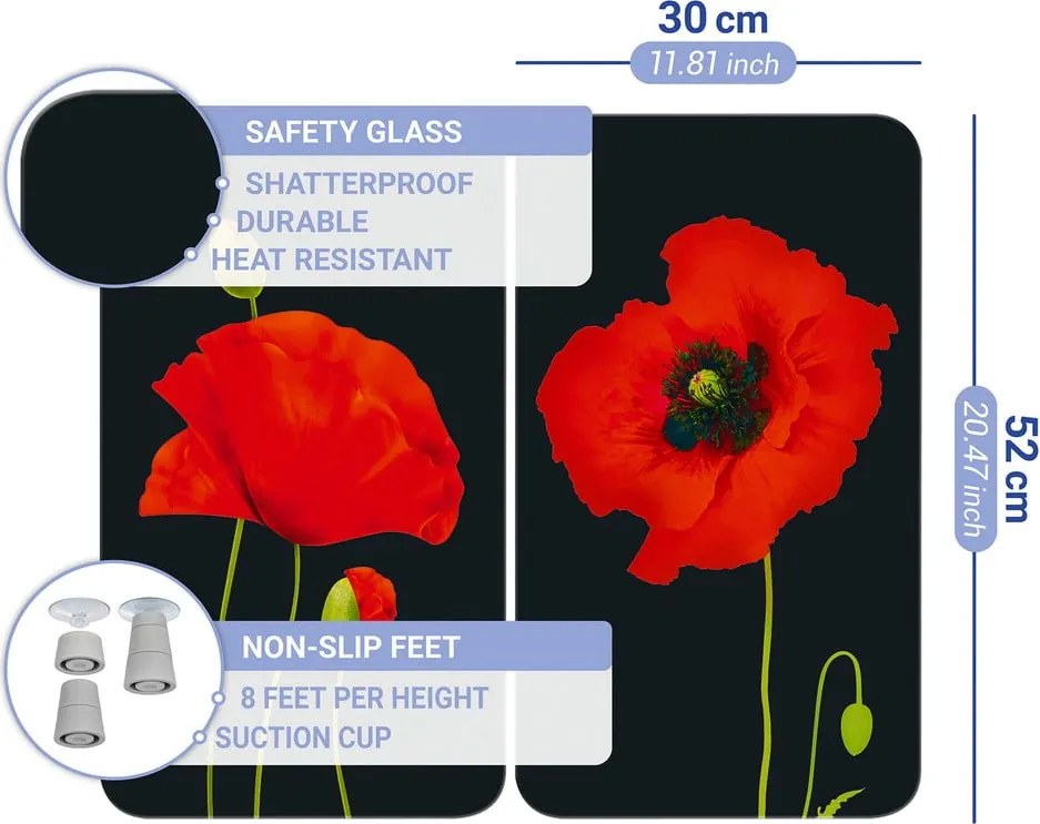 Protecții de aragaz 2 buc. din sticlă temperată 52x30 cm Poppy - Maximex