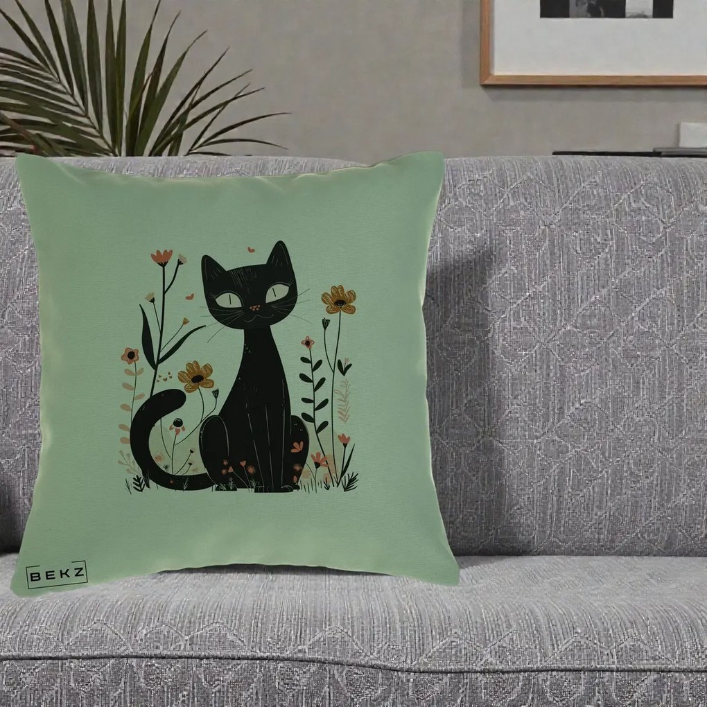 Perna Decorativa Pisica Neagra Flori Pastel Folk, 40x40 cm, Verde, Husa Detasabila, Perna Inclusa, BEKZ®