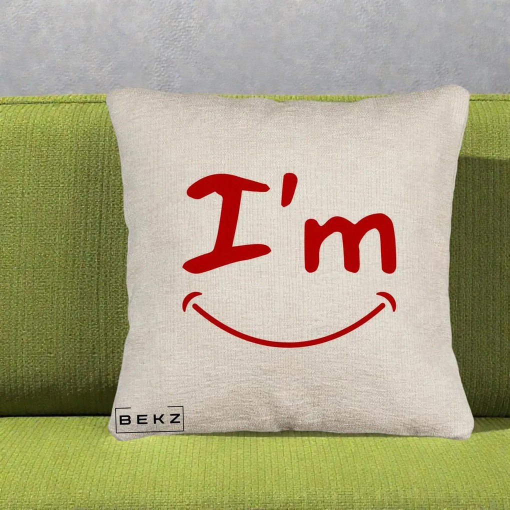 Perna Decorativa I'm Happy Smile, 40x40 cm, Bej Canapea, Husa Detasabila, Perna Inclusa, BEKZ®