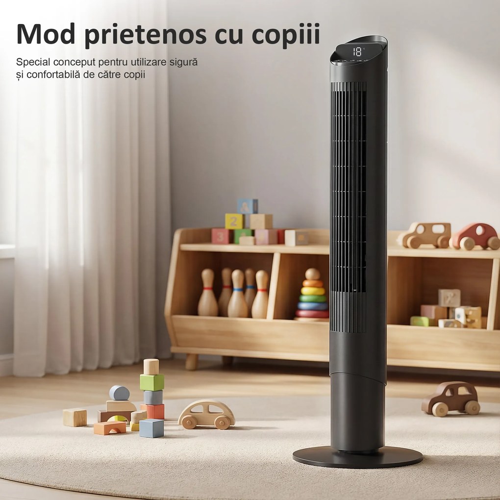 HOMCOM Ventilator de Coloană 116 cm, ventilator WiFi cu aplicație de control, dormitor, culoare neagră | Aosom Romania