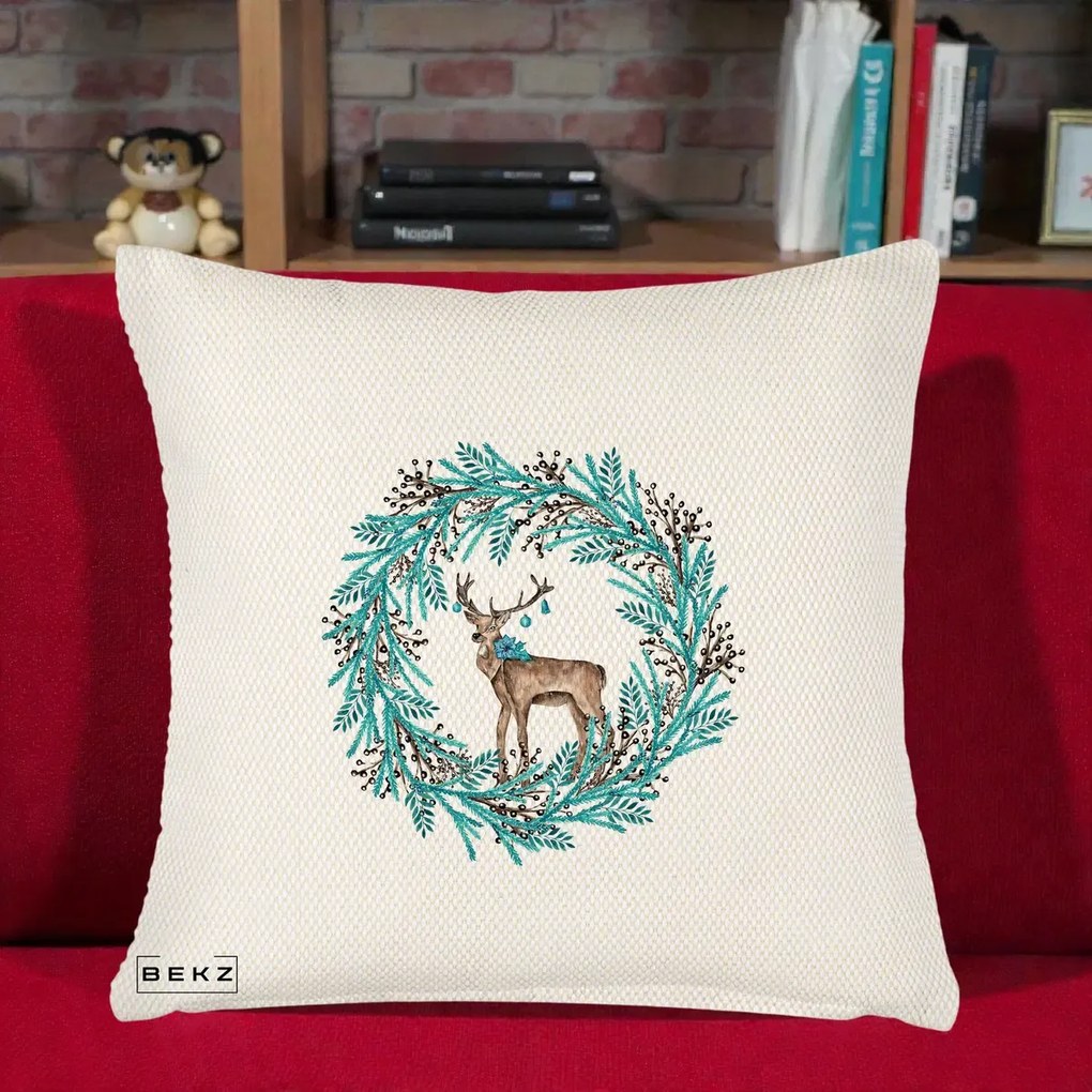 Perna Decorativa Coroana Turcoaz cu Ren, 40x40 cm, Crem Reliefat, Husa Detasabila, Perna Inclusa, BEKZ®