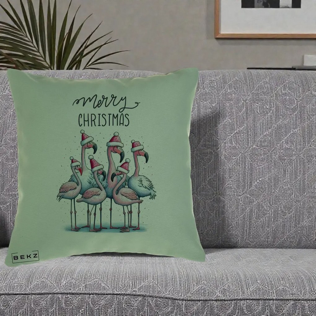 Perna Decorativa Flamingo Merry Christmas, 40x40 cm, Verde, Husa Detasabila, Perna Inclusa, BEKZ®