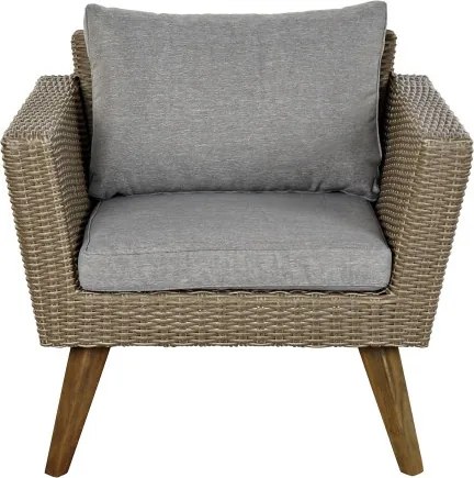 Set lounge exterior din rattan sintetic și structură din lemn și oțel cu canapea, 2 fotolii, masă și perne, finisaj bej-gri, „Zahara