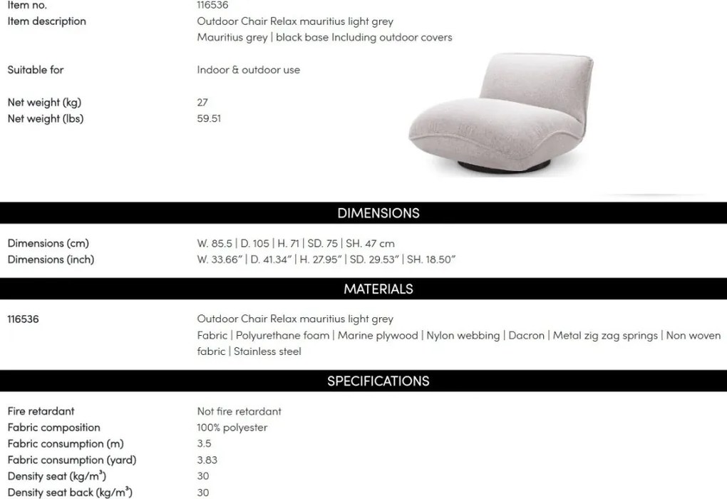 Fotoliu pivotant design elegant LUX Relax Outdoor, Mauritius grey