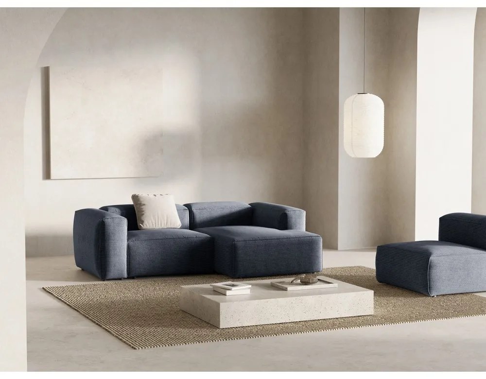 Colțar albastru prăfuit cu tapițerie din catifea reiată (cu colț pe partea dreaptă/cu șezlong) Bergamo – Cosmopolitan Design