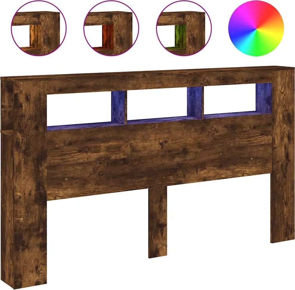 vidaXL Tăblie de pat cu LED, stejar fumuriu, 180x18,5x103,5 cm, lemn