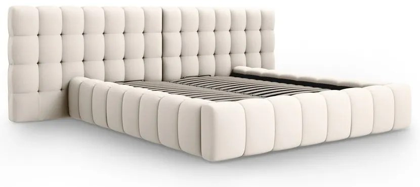 Pat matrimonial crem tapițat cu spațiu de depozitare cu somieră 160x200 cm Mamaia – Micadoni Home