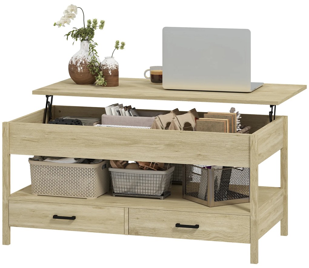 HOMCOM Masă de cafea extensibilă, masă de cafea cu sertare și compartiment ascuns pentru sufragerie, birou acasă, stejar | Aosom Romania