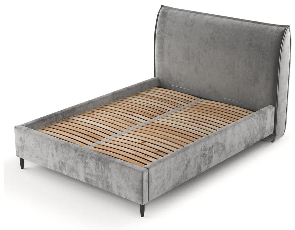 Pat matrimonial gri tapițat cu spațiu de depozitare cu somieră 180x200 cm Shell – Maison de Rêve