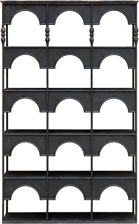 Etajeră din metal, negru, cu patină vintage, 5 rafturi și arcade decorative, finisaj antichizat, 194 x 120 x 34,5 cm, „Alhambra”