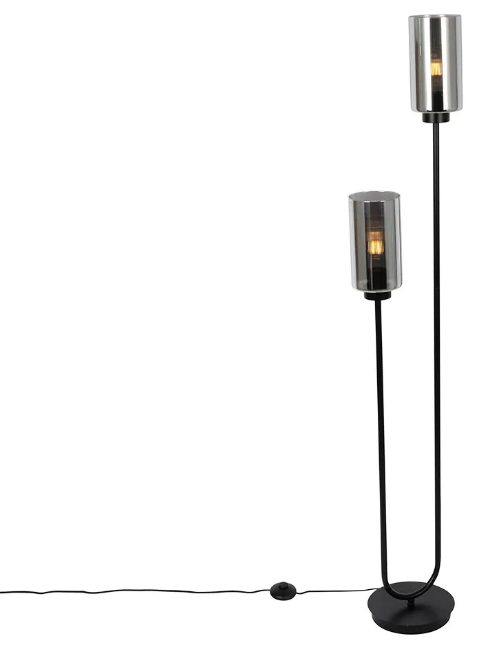 Lampa de podea Art Deco neagra cu sticla fum 2 lumini - Laura