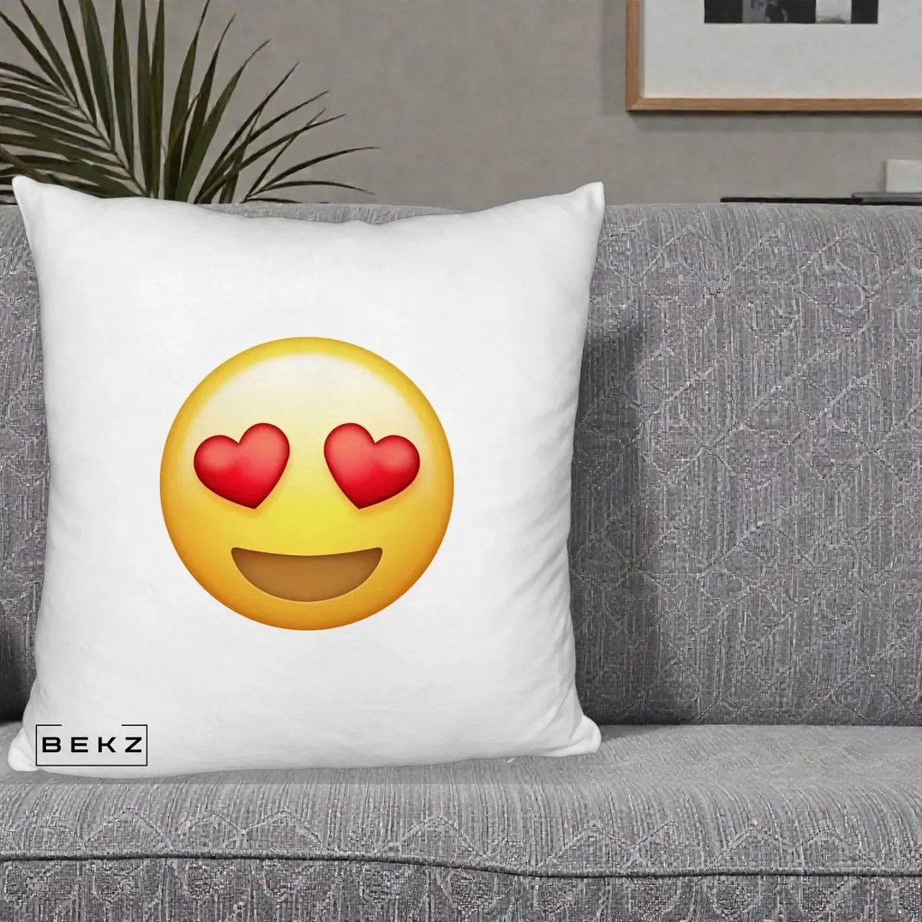 Perna Decorativa Emoji Inimi in Ochi, 40x40 cm, Alb Pufos, Husa Detasabila, Perna Inclusa, BEKZ®