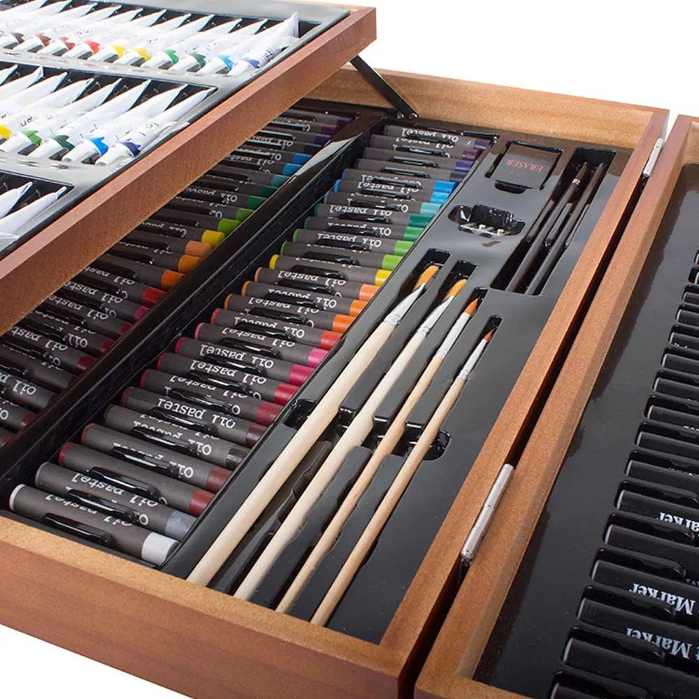 Set de pictura si desen de 174 piese, in cutie practica de cadou din lemn