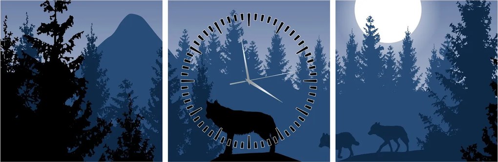 Tablou - Haita de lupi sub lună plină (cu ceas) (90x30 cm)