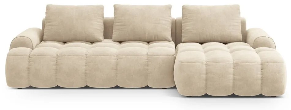 Colțar bej extensibil/cu spațiu de depozitare cu tapițerie din catifea (cu colț pe partea dreaptă/cu șezlong) Linz – Cosmopolitan Design