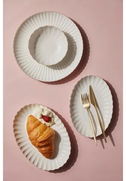 Set de masă 27 piese din porțelan, alb cu accente aurii