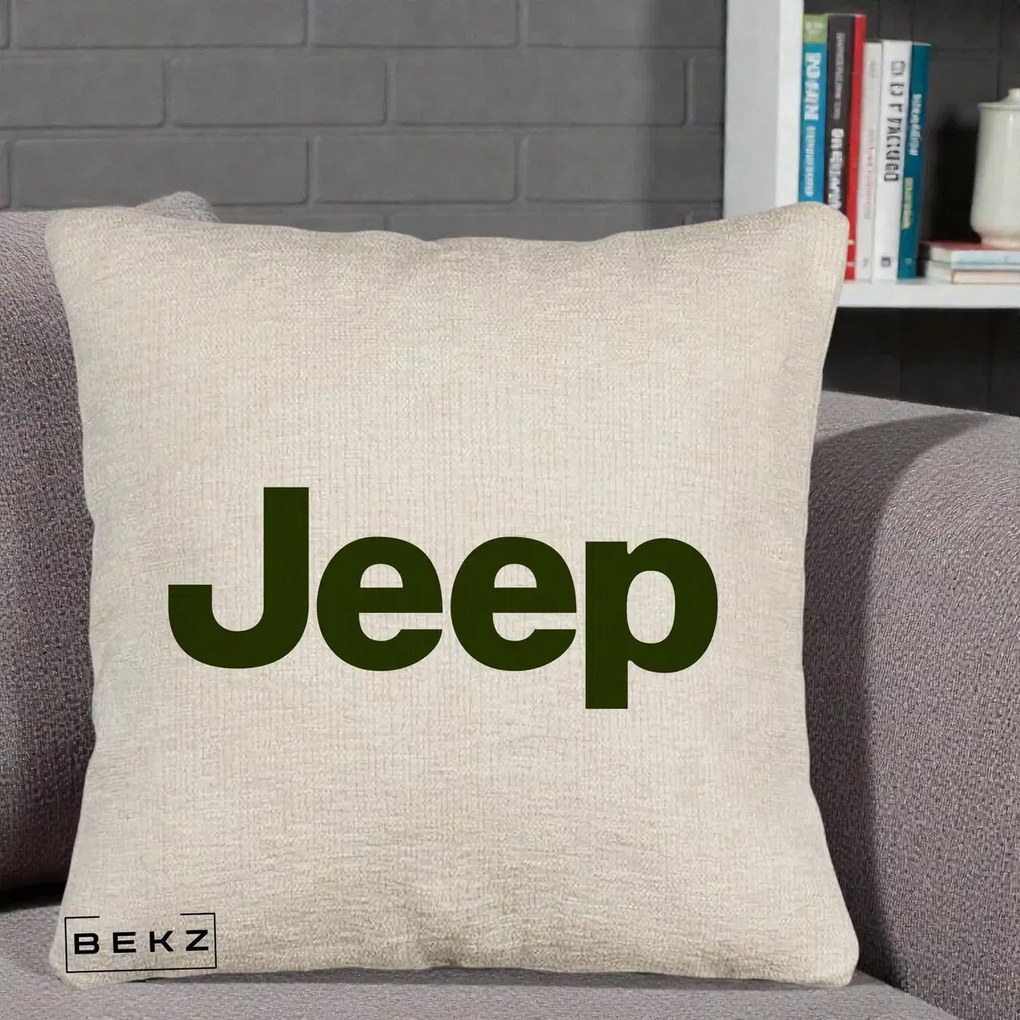 Perna Personalizata cu emblema Jeep, 40x40 cm, Bej Canapea, Husa Detasabila, Perna Inclusa, BEKZ®
