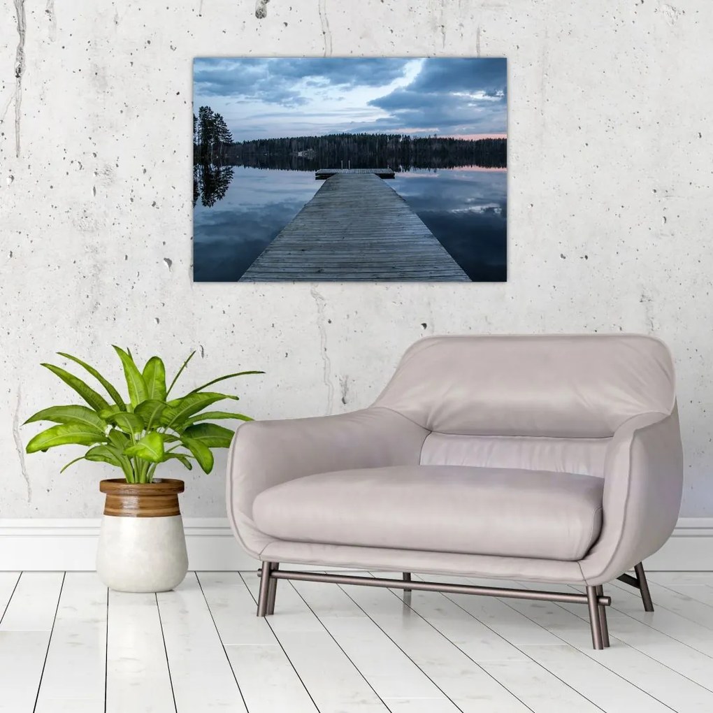 Tablou pe sticlă - Ponton de lemn, lac (70x50 cm)