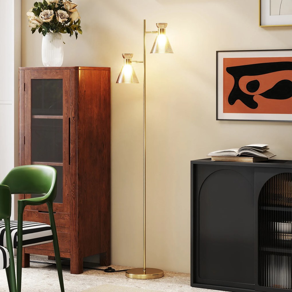 HOMCOM Lampă de podea modernă cu 2 lumini și capete reglabile, întrerupător cu pedală, aur | Aosom Romania