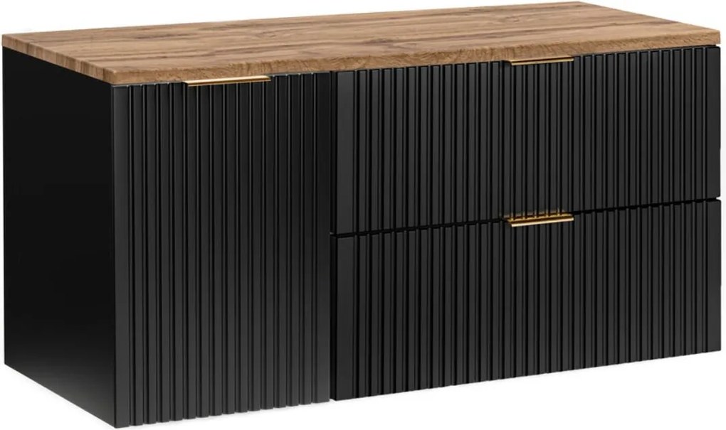 Mască suspendată cu blat și coș de rufe pentru chiuveta de la baie Adel, negru/stejar wotan (120 cm)