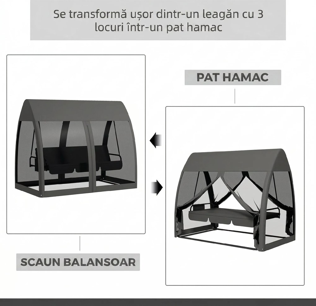 Outsunny Balansoar de Grădină 2-în-1 Convertibil în Pat cu Perne, Balansoar cu Husă și Plasă de Țânțari cu Fermoar, 240x140x197 cm, Gri | Aosom Romania