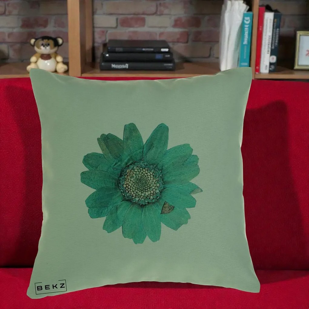 Perna Decorativa Floare Gerbera Teal Acuarela, 40x40 cm, Verde, Husa Detasabila, Perna Inclusa, BEKZ®