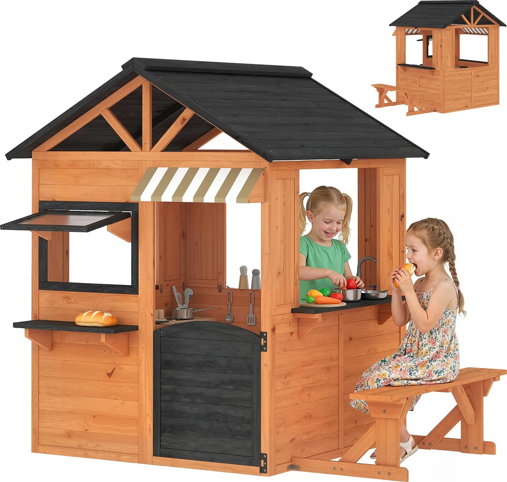 AIYAPLAY Căsuță de joacă din lemn pentru exterior cu bucătărie, bancă, tejghea, ferestre, ușă pentru 3-8 ani 171,5 x 146 x 156 cm Maro | Aosom Romania