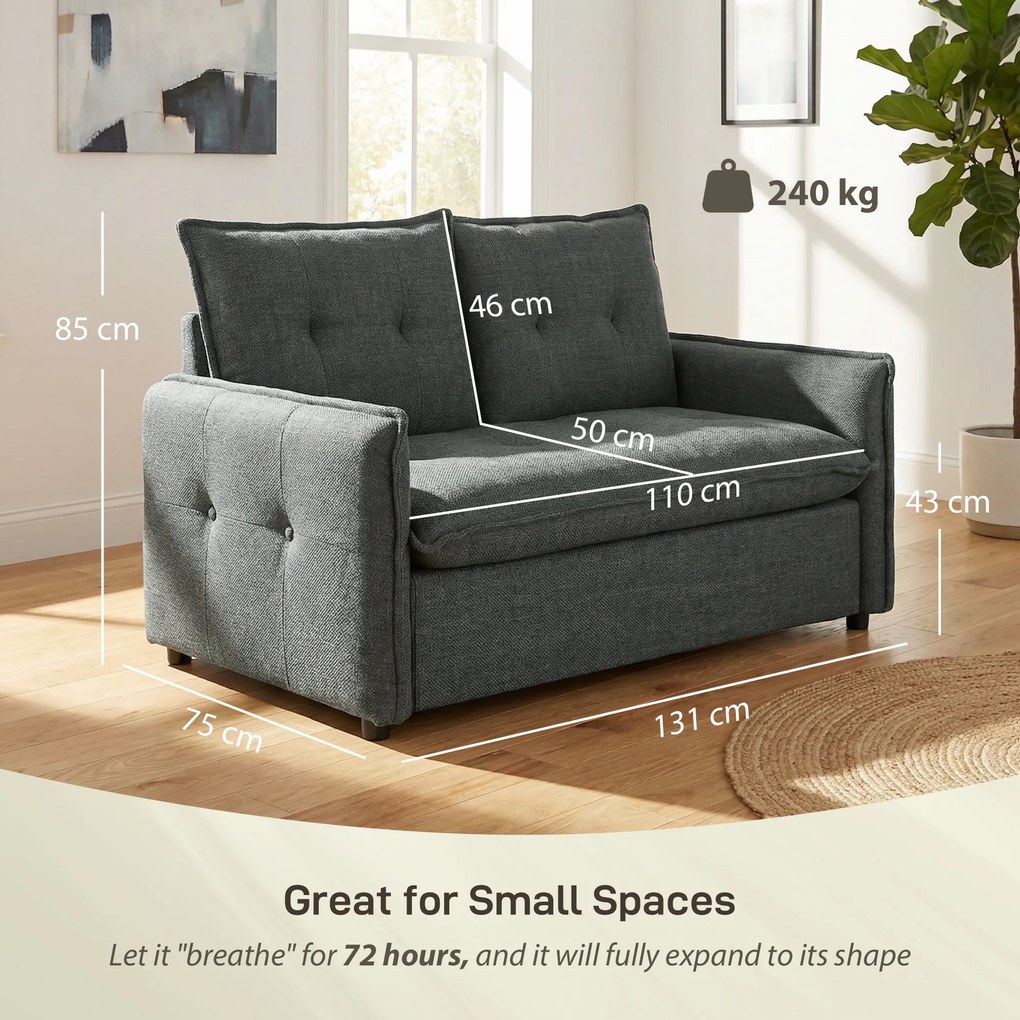 HOMCOM Canapea 2 locuri, canapea de living modernă 131 cm cu șezut căptușit, perne cu arcuri, țesătură tip in, gri închis | Aosom Romania