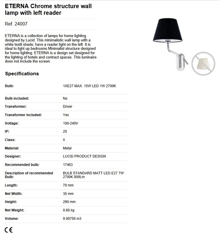 Aplica cu reader LED pe stanga design elegant ETERNA crom/alb