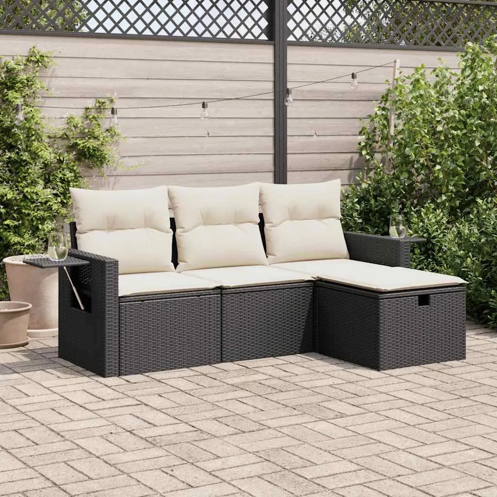 3325452 vidaXL Set mobilier de grădină cu perne, 4 piese, negru, poliratan