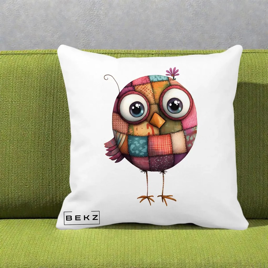 Perna Decorativa Pasare Patchwork Roz cu Floare, 40x40 cm, Alba Mata, Husa Detasabila, Perna Inclusa, BEKZ®