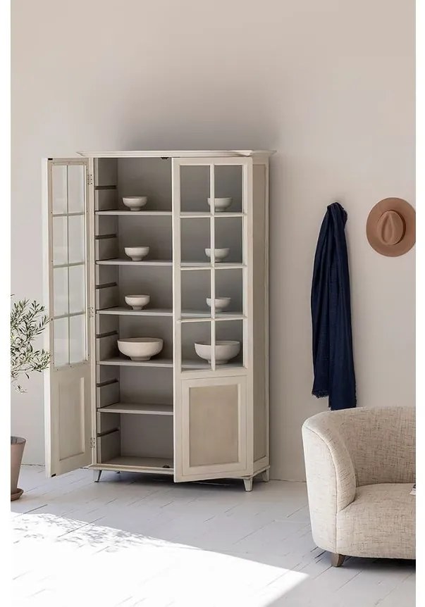 Bufet inalt cu 2 usi, alb, din lemn masiv de pin reciclat, aspect vintage, Lhettie