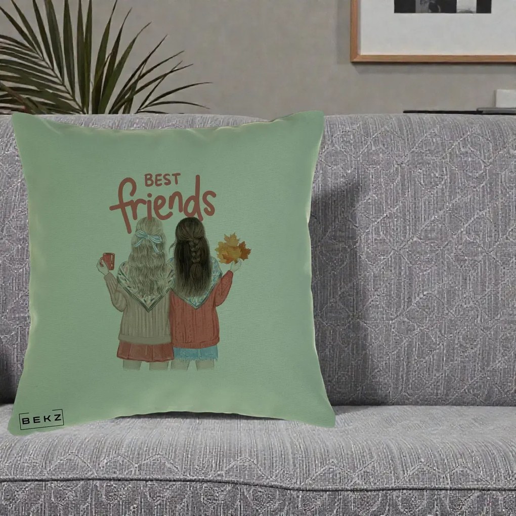 Cadou pentru Prieteni - Perna Personalizata Best Friends Toamna, 40x40 cm, Verde, Husa Detasabila, Perna Inclusa, BEKZ®